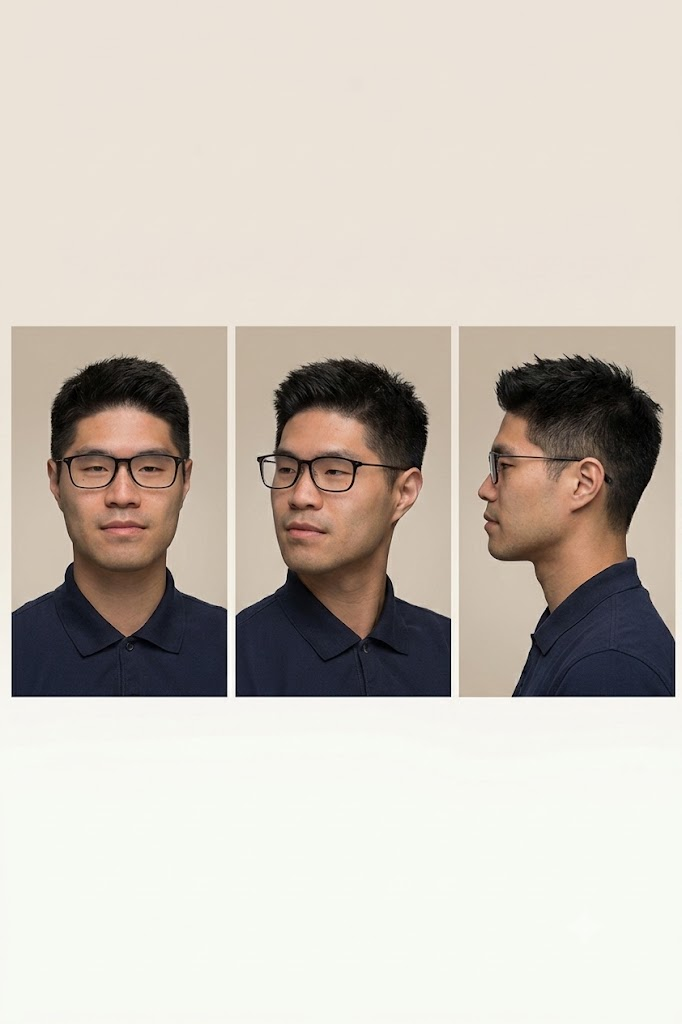 Generated three-angle views of the same person.